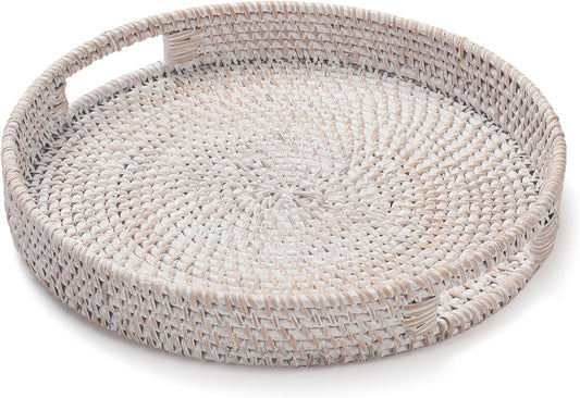 11.8 inch Round Rattan Tray, Decorative Coffee Table Trays, Ottoman Tray, Woven Serving Tray with Handles, Wicker Serving Basket, Whitewash
