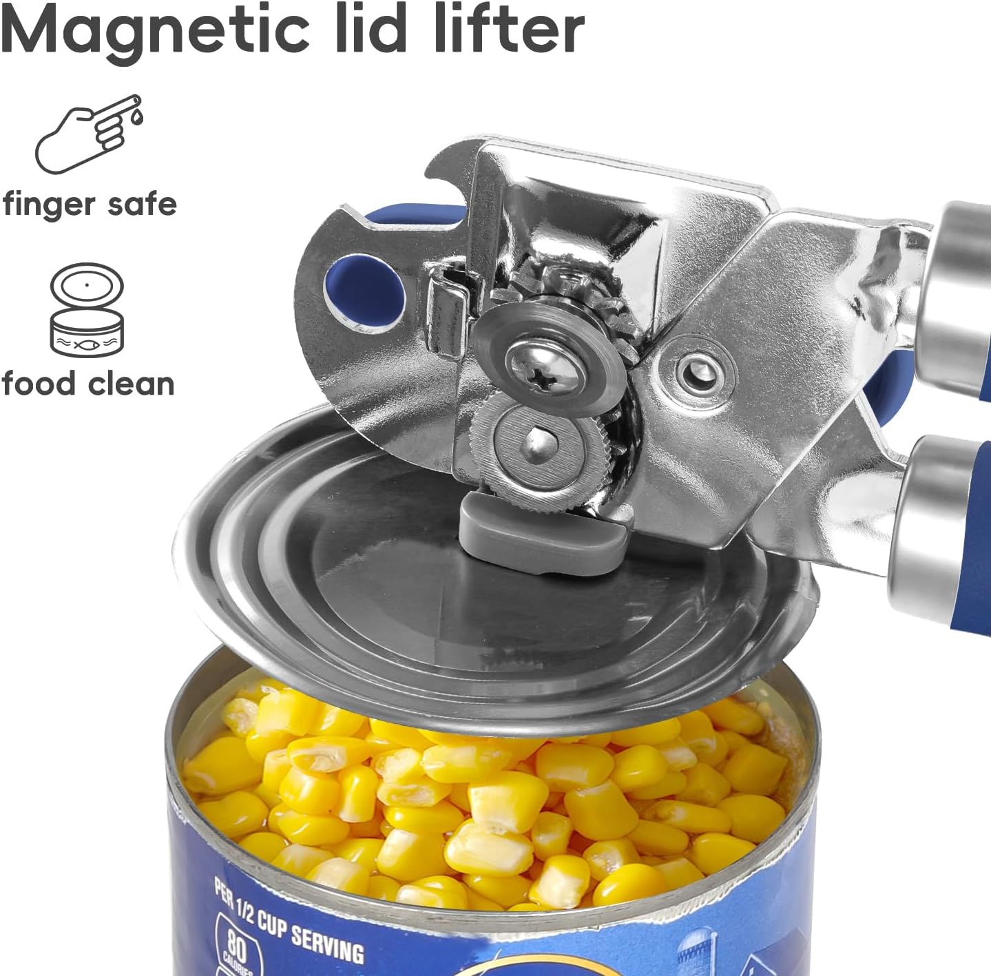 Can Opener Manual, UHIYEE Hand Held Manual Can Openers Heavy Duty with Smoother Cut Sharp Blade, Manual Hand Can Open with Soft Handle, Easy to Turn Knob, Magnetic Lid Lifter, Blue