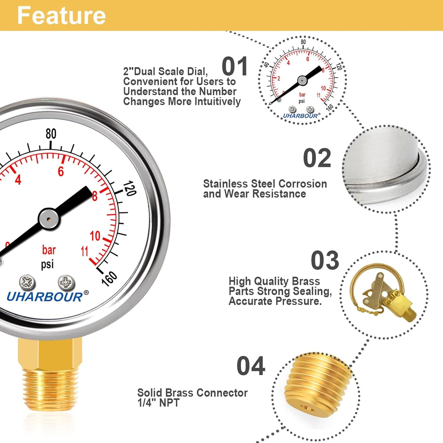 Lead-Free Pressure Gauge 0-160psi 1/4" NPT Lower Mount 2" Dial Stainless Steel Case, Pressure Gauge for Water Air RV