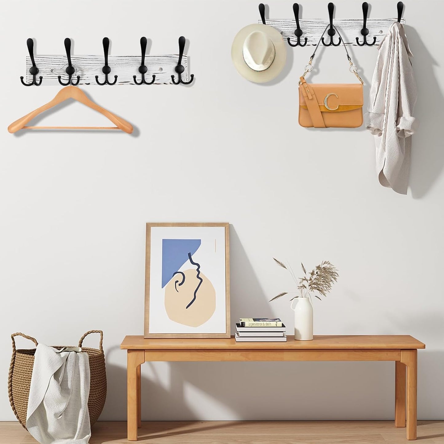 2pcs Coat Rack Wall Mount Wooden Hat Rack for Wall Hooks Pine Real Wood Plank 16.9" Old White Coat Hanger with 5 Black Triple Hooks for Hanging Coat Hat Jacket