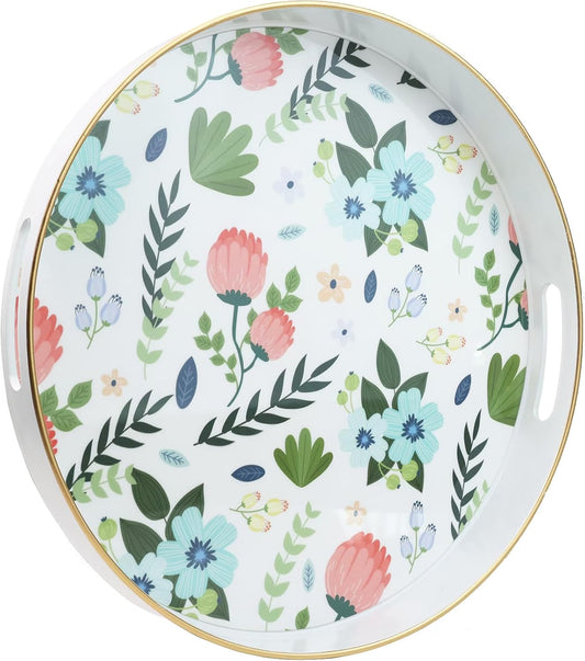 Round Serving Tray with Handles, Modern Floral Pattern, Perfect for Coffee Table, Ottoman, or Vanity, Lee33wh Color, Plastic Material