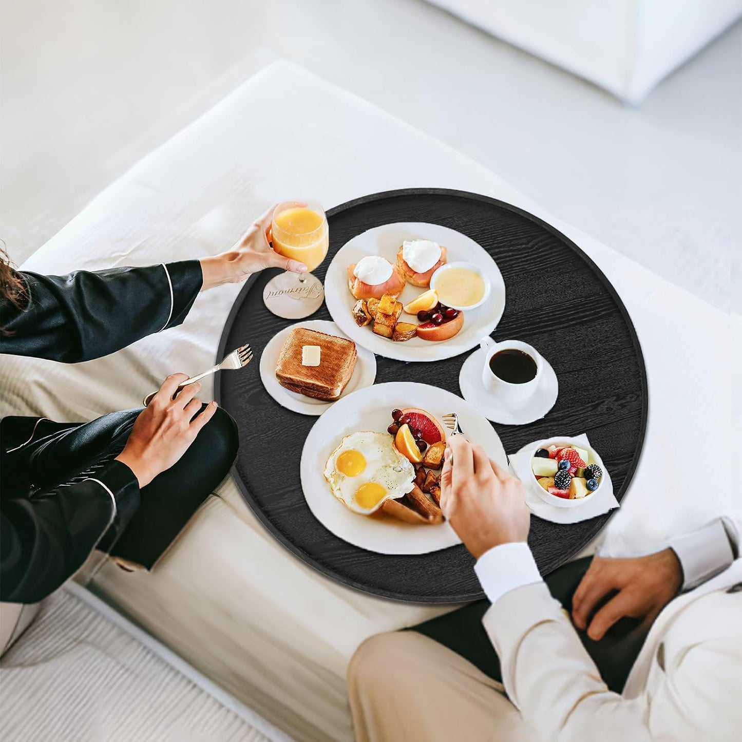 20 inch Round Solid Wood Serving Tray Extra Large Tea Coffee Snack Food Meals Serving Plate Non-Slip Kitchen Party Bar Server Ottoman Tray Breakfast Tray with Raised Edges Black