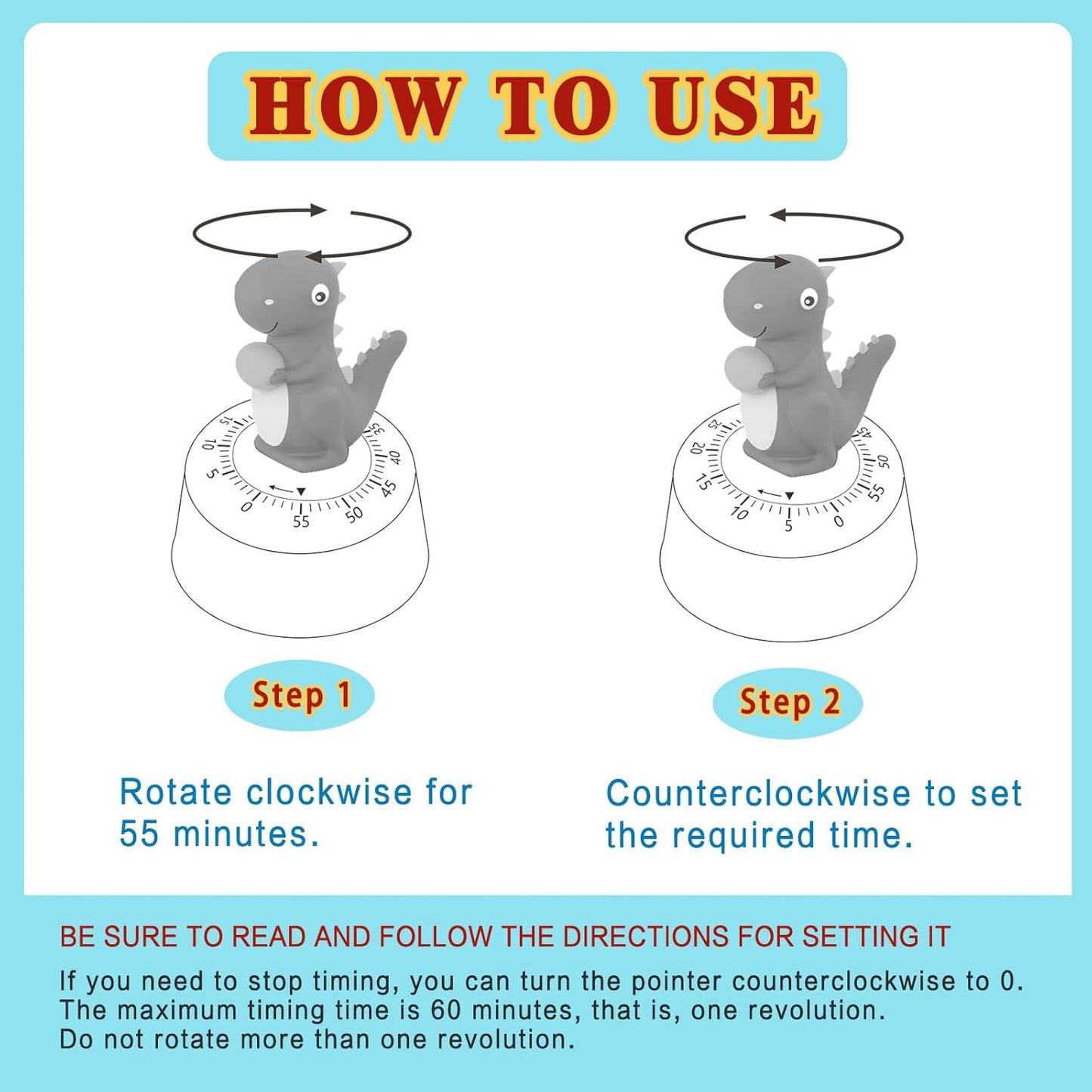 60 Minutes Mechanical Kitchen Timer,Cute Dinosaur Timer for Kids,Wind Up Egg Timer for Cooking,Reading,Classroom and Do Sports. (Sky Blue)