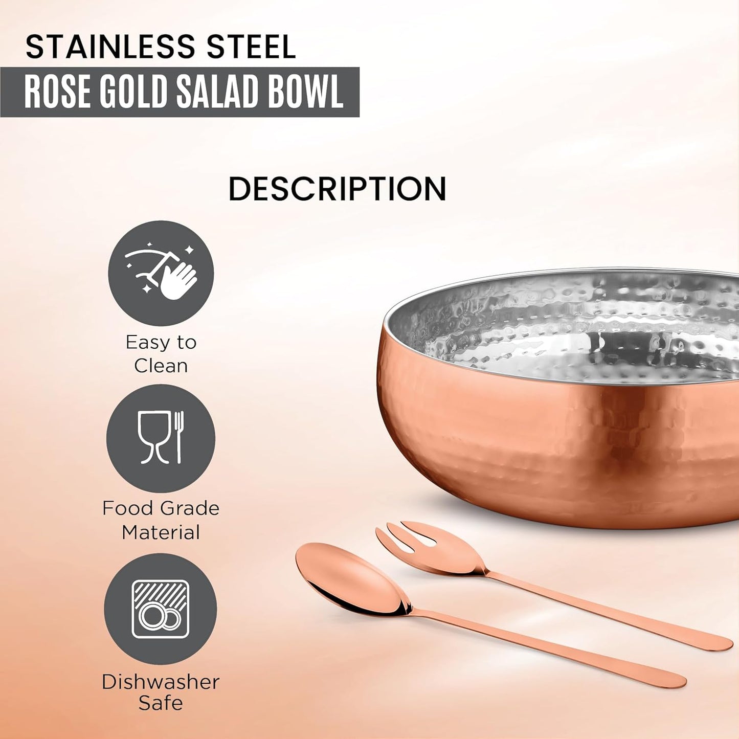 Avador® Set of 3 Premium Stainless Steel Salad Mixing Bowl Hammered Finish | Handmade | Includes Salad Serving Utensils (Rose Gold)