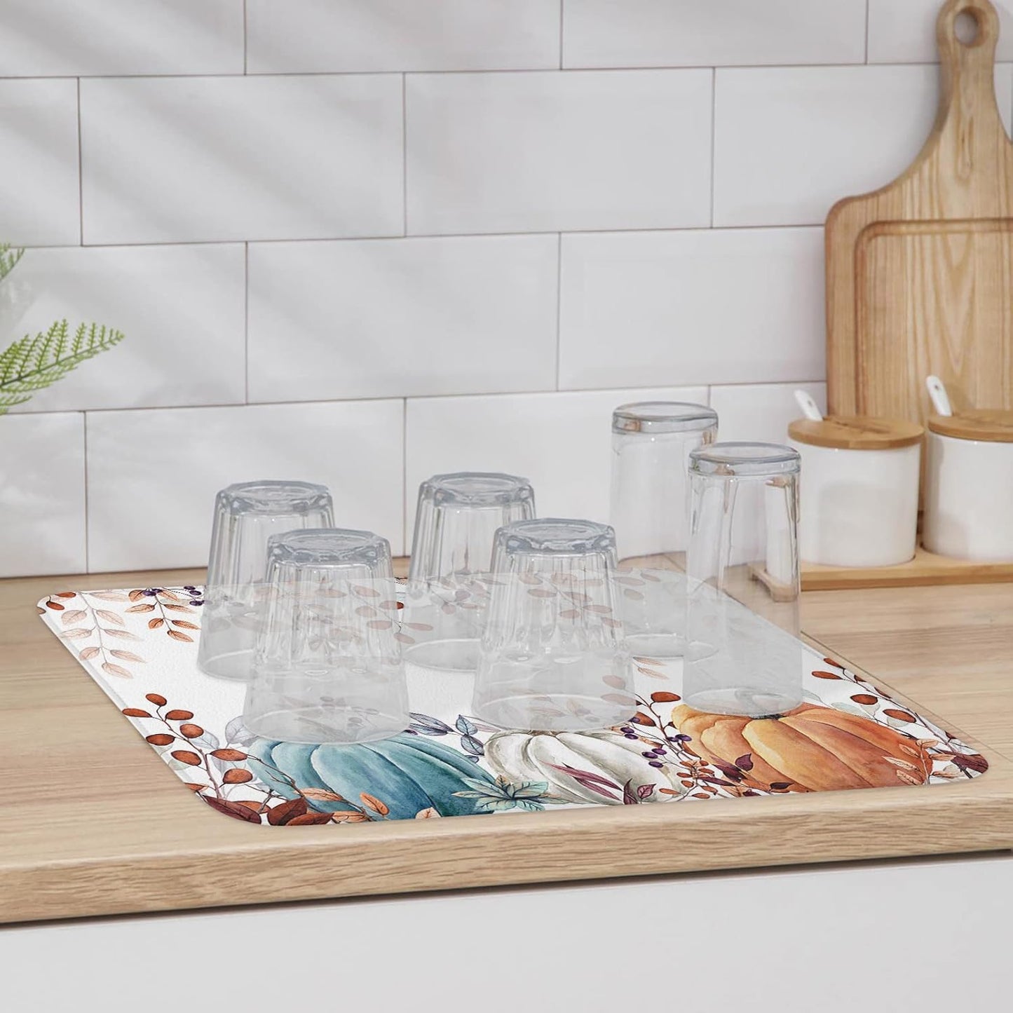 Fall Dish Drying Mat for Kitchen Counter Pumpkin Drying Pad Absorbent Drying Mats for Countertops Sinks Draining Racks Autumn Eucalyptus Leaves Drainer Holiday Harvest Thanksgiving Decorations 18x24