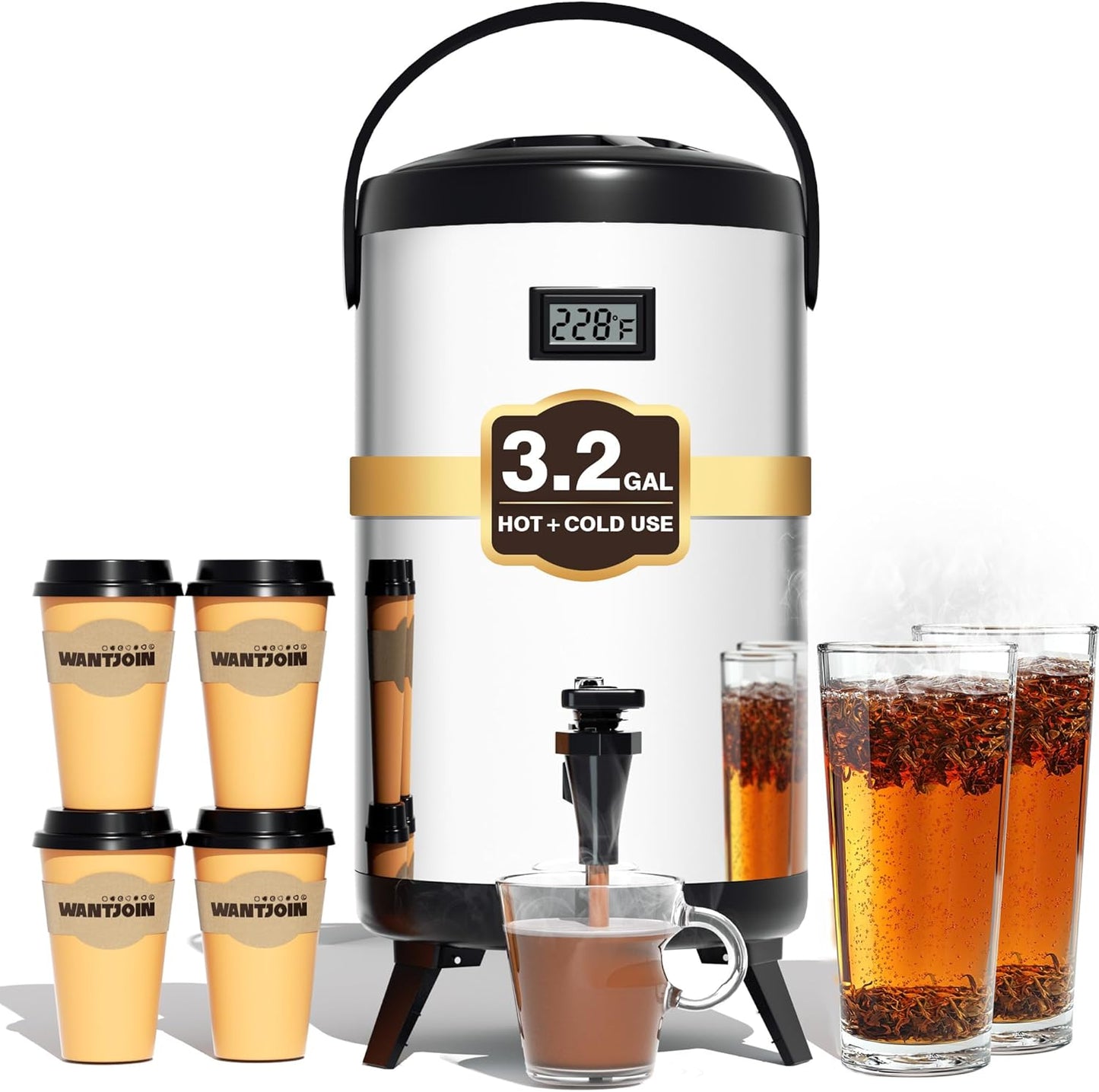 WantJoin Insulated Beverage Dispenser-75 Cup Hot&Cold water Urn for Catering-Stainless Steel Premium 12 L/3.2 Gallon Hot Drink Dispenser with Spigot for Coffee & Hot tea,Cold Milk,Water,Juice(Silver)