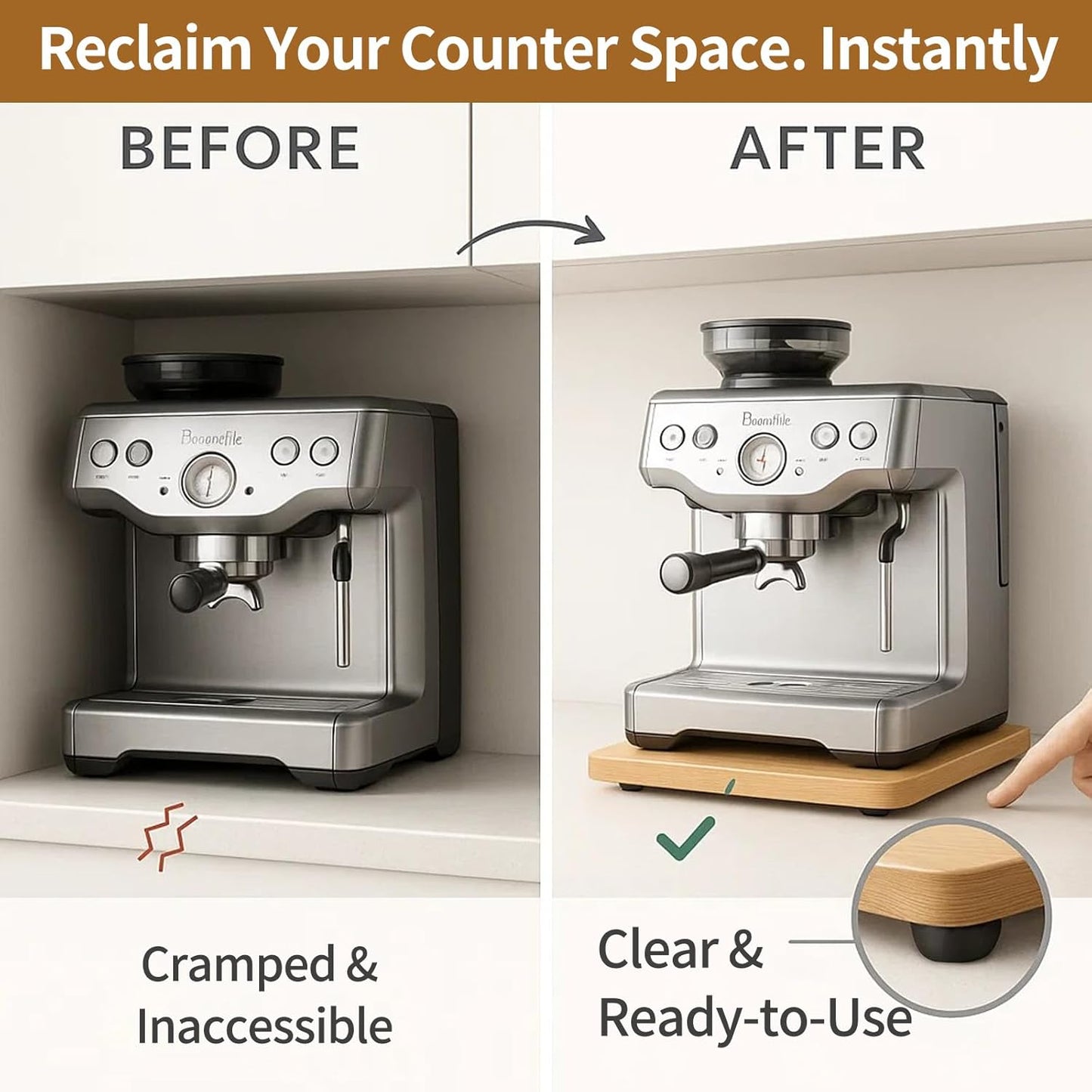 Bamboo Appliance Slider|13"D x 16"W Sliding Tray for Coffee Maker on Countertop|Heavy-Duty Coffee Pot Slider Tray & Kitchen Caddy for KitchenAid Mixer, Air Fryer