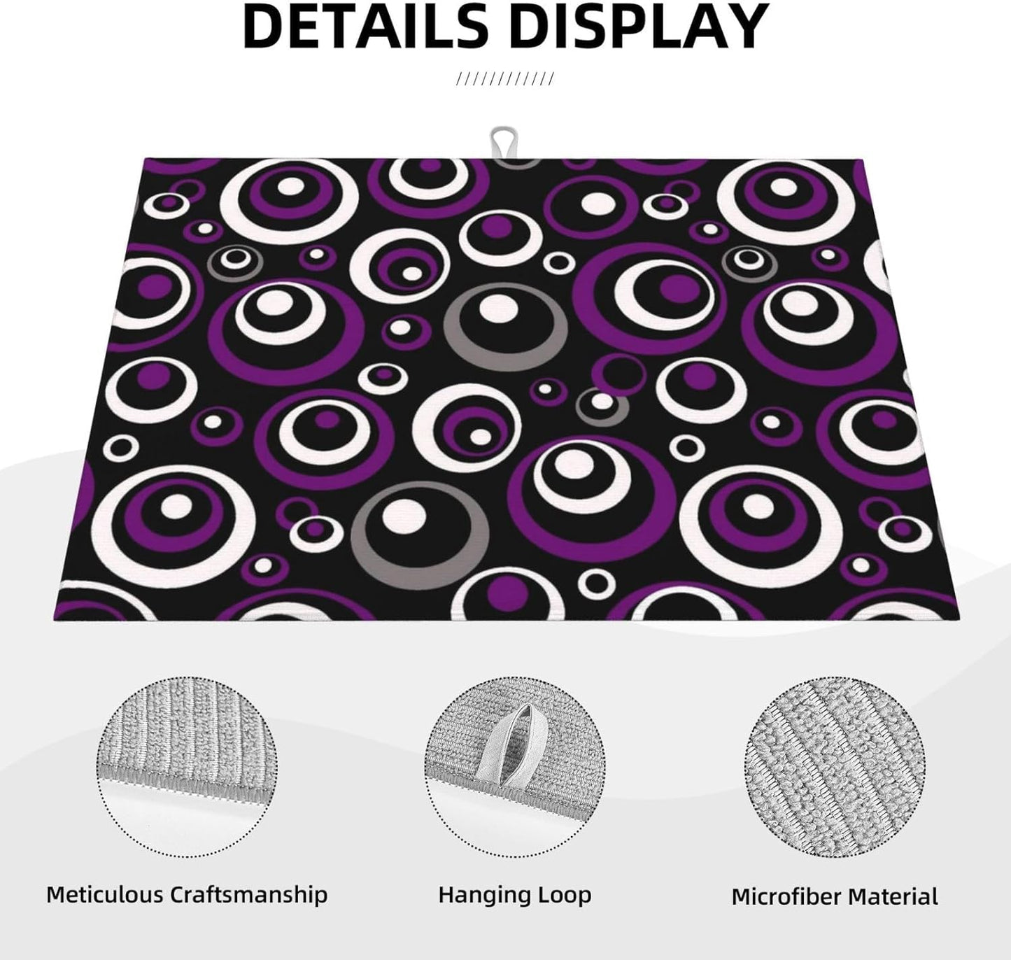 Purple Black White Geometric Circle Pattern Dish Drying Mat for Kitchen Counter, 18x24 inch Absorbent Reversible Microfiber Kitchen Countertop Protector Dishes Drying Pad for Dishes, Sink, Coffee Bar