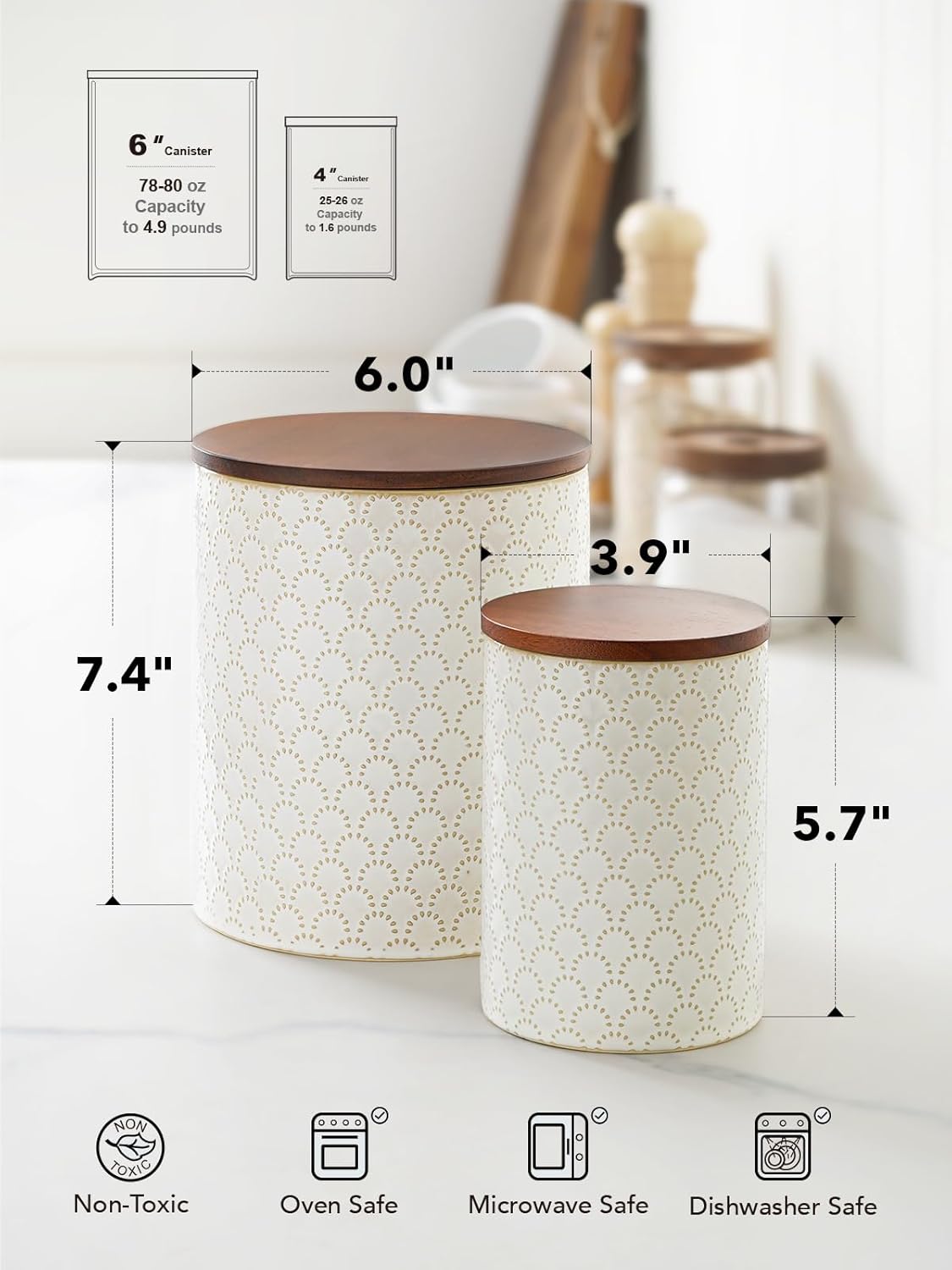 LE TAUCI Food Storage Containers with Airtight Lids, 78/25 oz Ceramic Sugar Canisters Sets, Embossed Large Jars for Pasta, Oats, Coffee Bean, Cookies, Rice, Grains, Tea - Set of 2, Fireworks