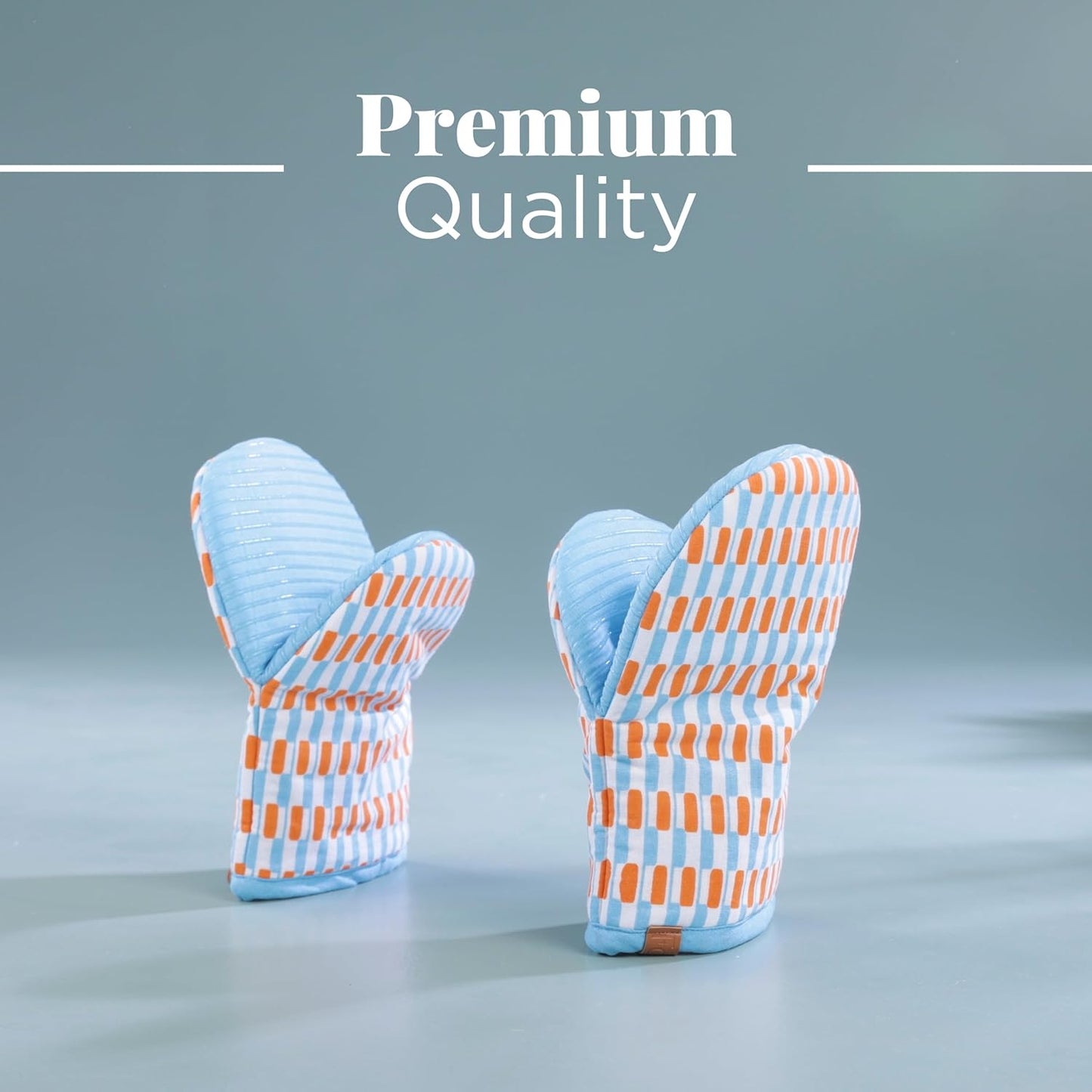 Folkulture Mini Oven Mitts Heat Resistant & Non Slip | (5.75 x 9) Set of 2 Blue Short Oven Mitts with Hanging Loop for Kitchen Decor | 100% Cotton Oven Gloves or Orange Kitchen Mittens Set