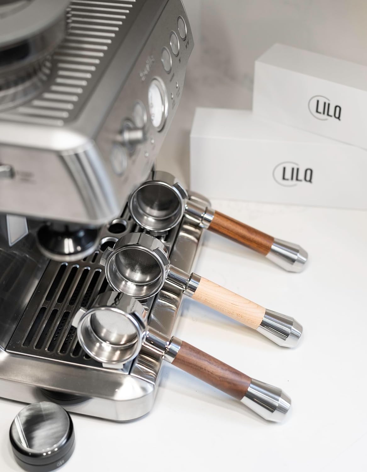 LILQ 54mm Naked Bottomless Portafilter Compatible with Breville Barista Express, Barista Pro, Bambino, and More – 18-20g basket included (WalnutV2Fusion, 54mm)