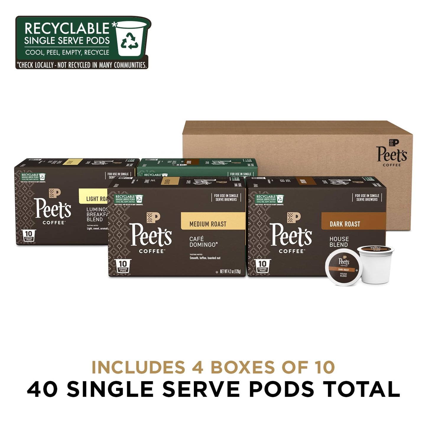 Peet's Coffee, Single Serve Coffee Pods Variety Pack - Luminosa Breakfast Blend, Café Domingo, Organic Alma De La Tierra, House Blend, 40 Count (4 Boxes of 10 Pods)