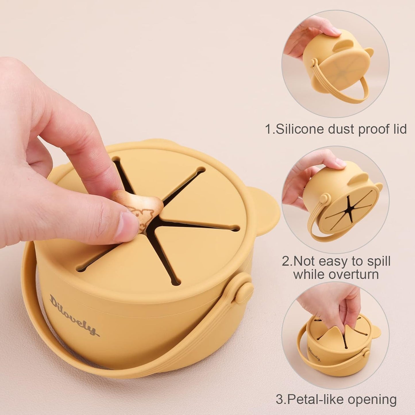 Snack Cups for Toddlers, Baby Snack Containers, Silicone Toddler Snack Cups No Spill, Food Catcher with Lid & Bucket-like Handle, BPA Free & Dishwasher Safe, 9 Ounce Mustard