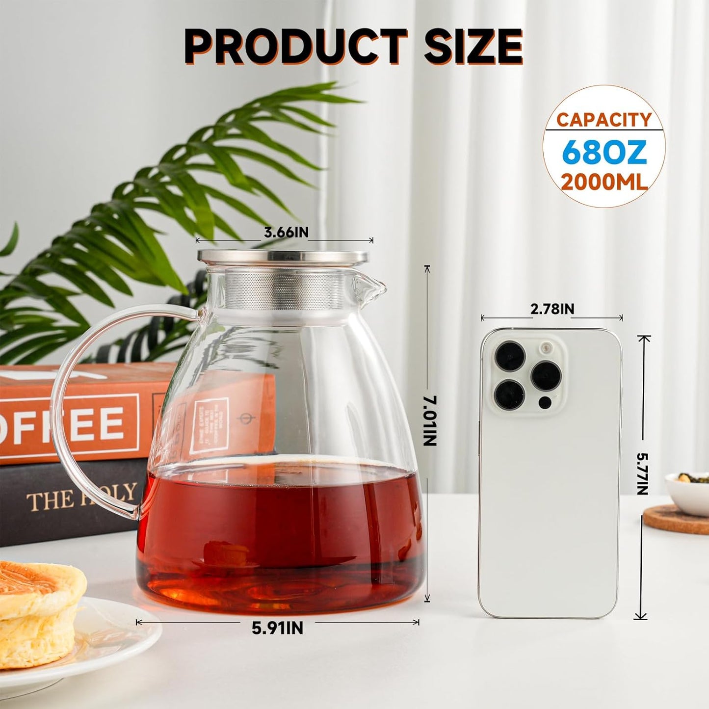 68OZ/2000ML One Touch Glass Teapot with Stainless Steel Filter Lid, Stovetop & Microwave Safe Tea Maker Water Kettle, Strainer & Cover 2 in 1 Loose Leaf Tea Steeper Pot Coffee Carafe