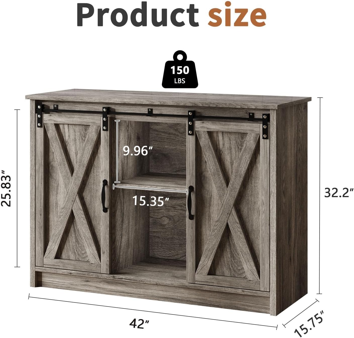 4 EVER WINNER Farmhouse Coffee Bar Cabinet with Sliding Barn Door, 42” Coffee Bar Table with Adjustable Shelves, Buffet Cabinet with Storage for Kitchen Living Dining Room, Wash Grey