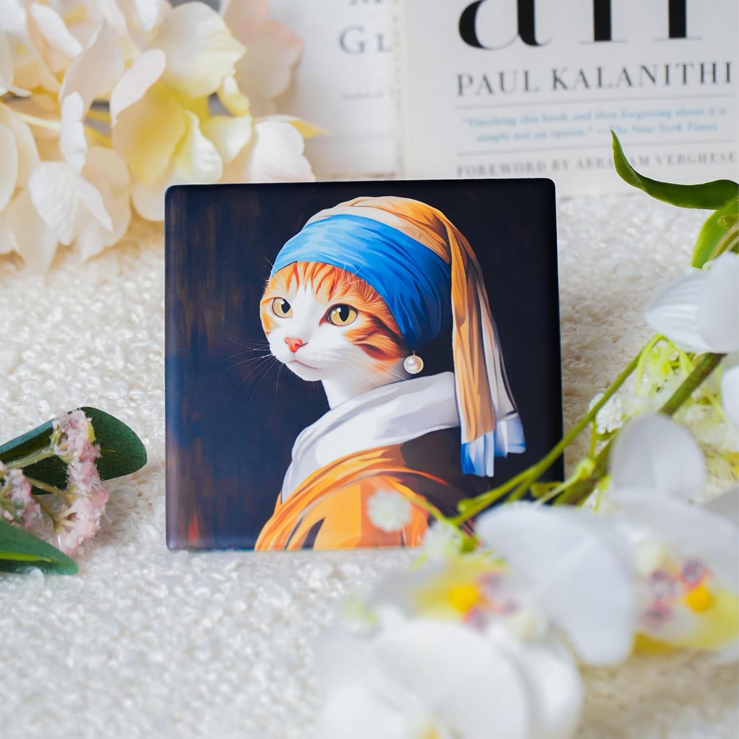 Ceramic Coasters Set of 4 – Square Drink Coasters with Cork Backing, 3.9x3.9 Inches – Decorative Printed Designs for Home, Office, or Gift Use (Gallery Cats)