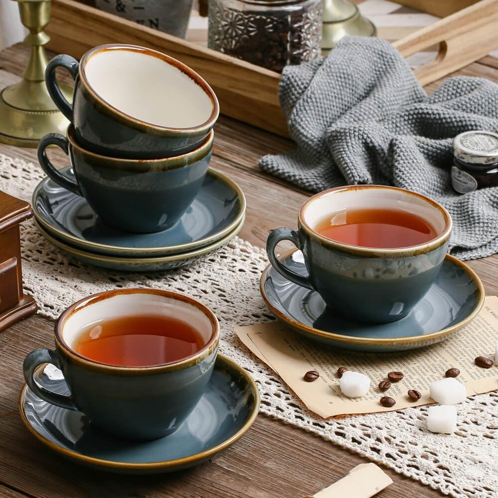 SHUER Ceramic Cappuccino Cup Set of 4, 11.2 OZ Cups and Saucers Set,Coffee Mocha Cup Sets,Black Coffee Cups and Glaze Americano Mug Great for Party and Low Tea Time (Blue 320ml)