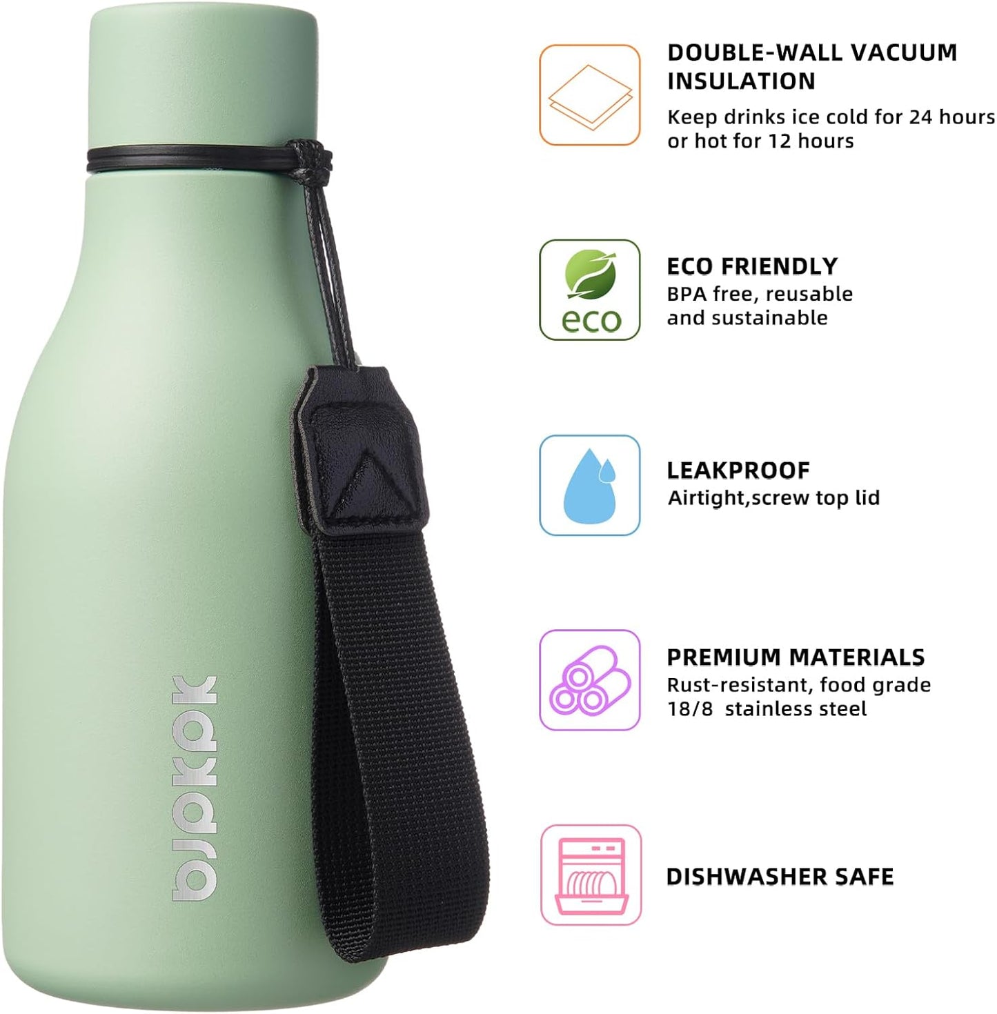 BJPKPK Insulated Water Bottles, 12oz Stainless Steel Metal Water Bottle with Strap, BPA Free Leak Proof Thermos, Mugs, Flasks, Reusable Water Bottle for Sports & Travel, Macaron Green