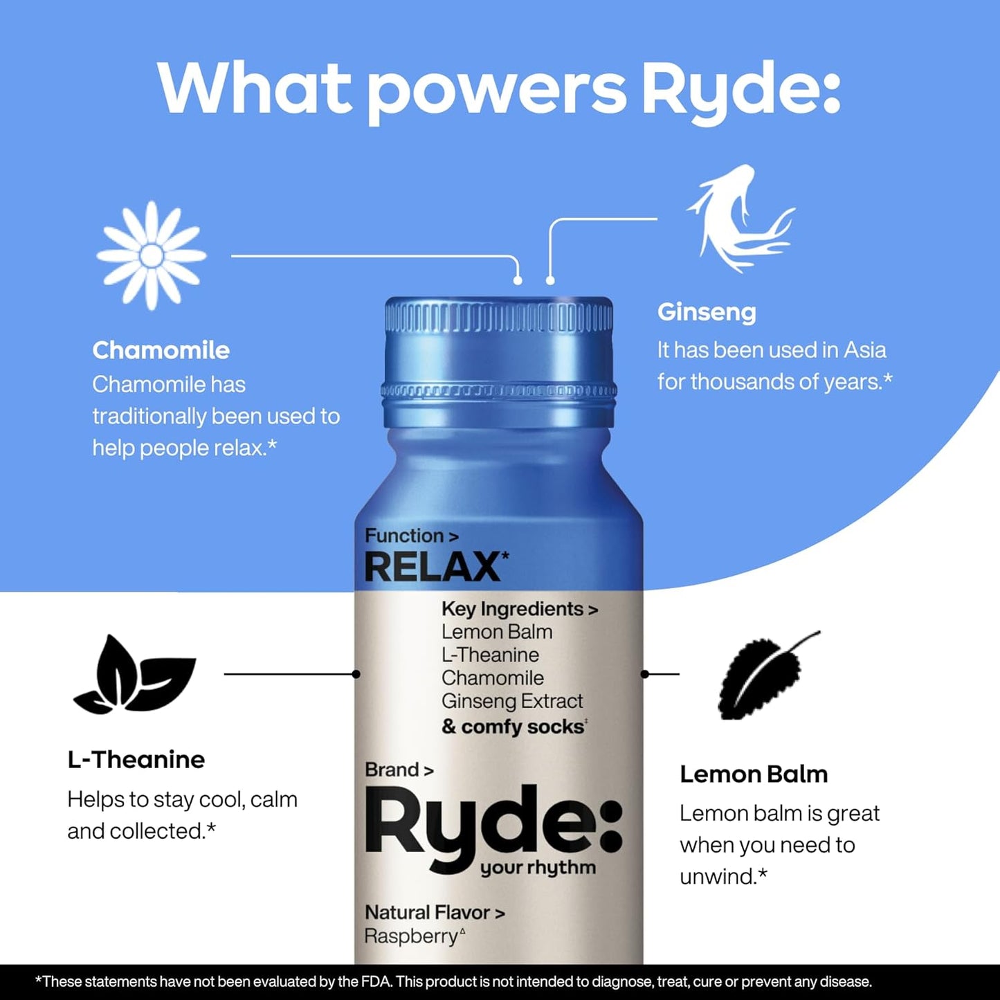 Ryde: Relax Shot | Raspberry Flavor | Lemon Balm, L-Theanine, Ginseng & Chamomile | 0 Calories, 0 Sugar | 2 FL OZ Shots | Helps You Relax* (8 Pack)