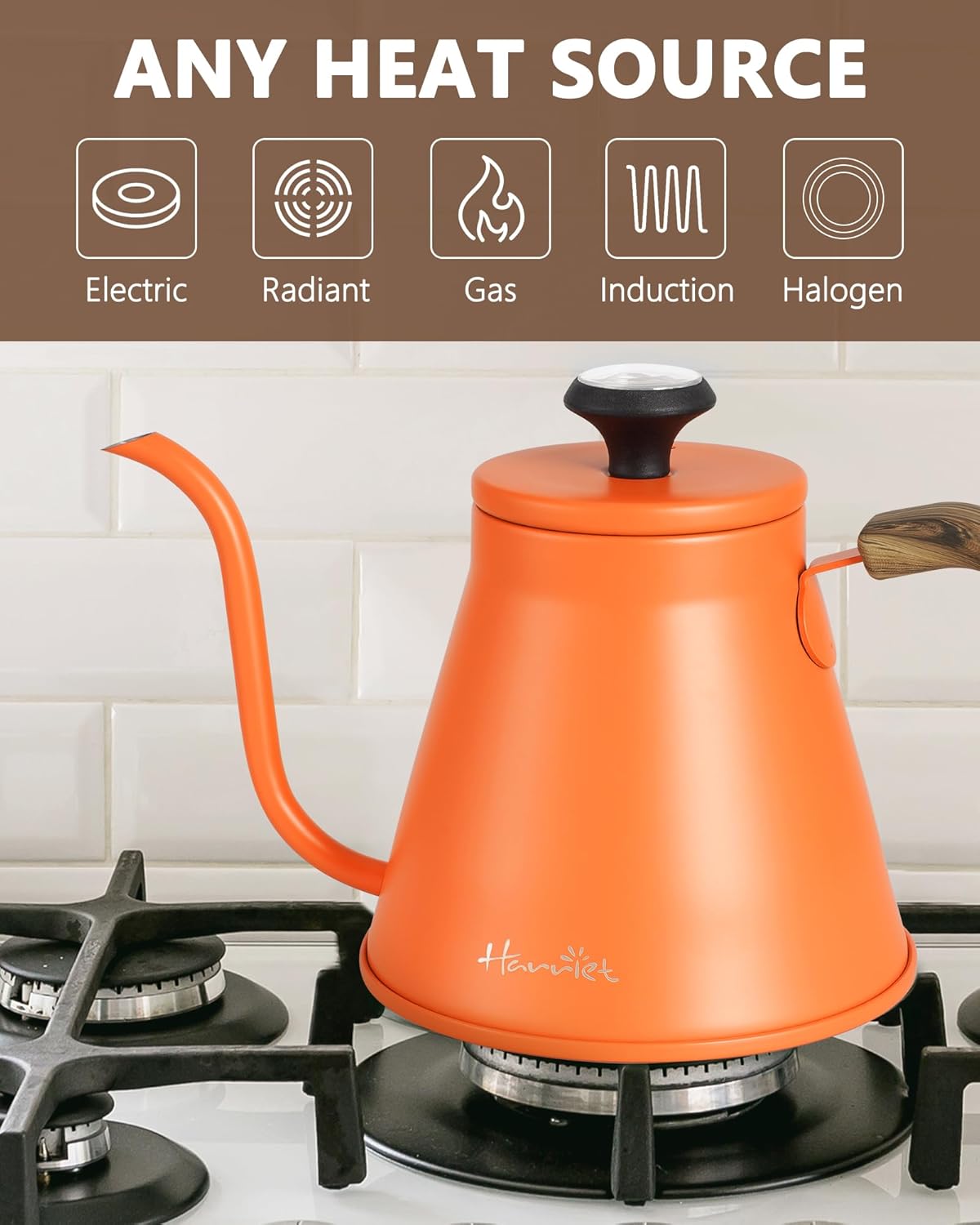 Harriet Gooseneck Kettle with Thermometer for Pour Over Coffee and Tea, 37 fl oz, Stainless Steel, Durable 3-Layer Base, Ideal Spout for Precision Pouring, Compatible with all Stove Tops, Orange