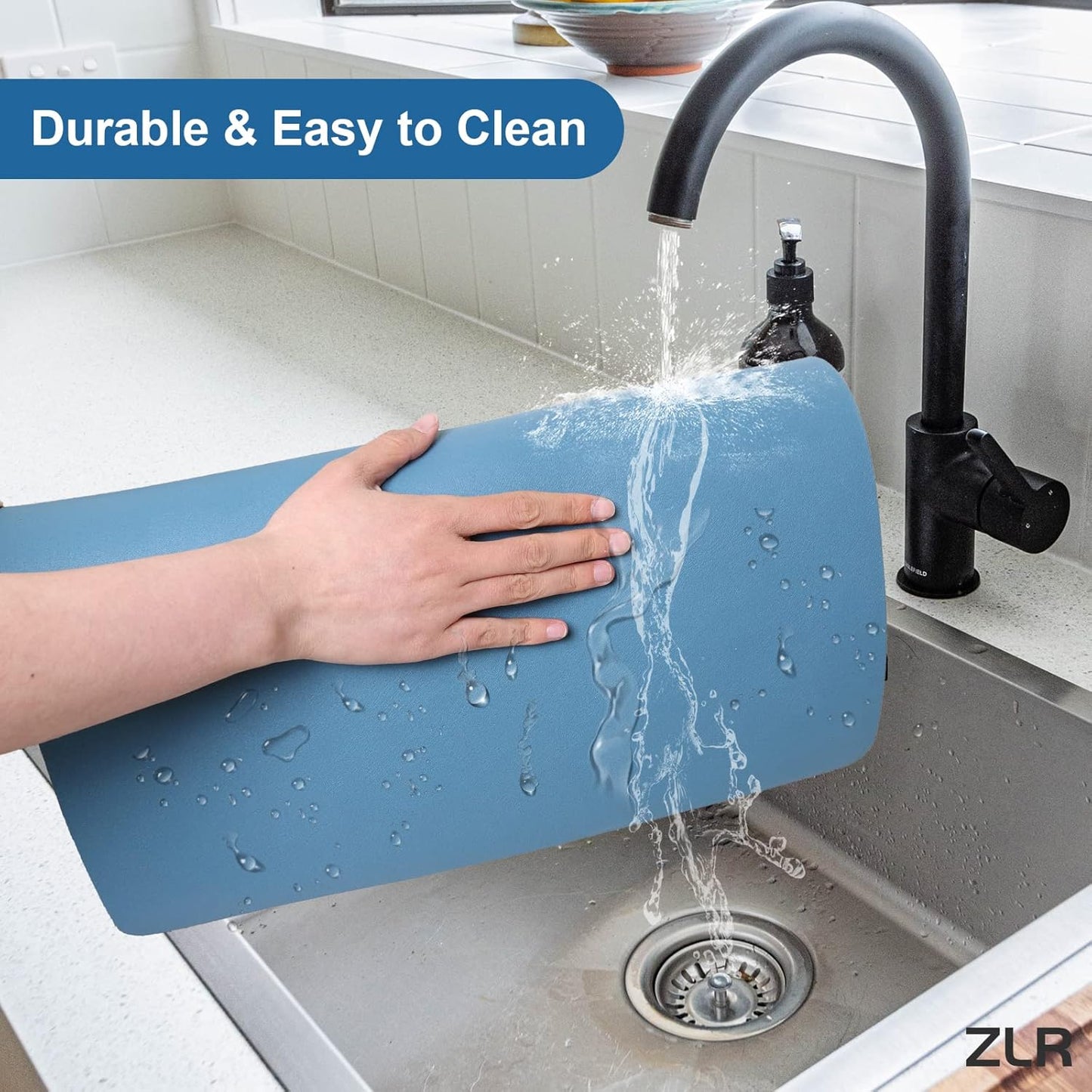 ZLR Coffee Mat - 16" x 24" Extra Large Kitchen Hide Stain Absorbent Dish Drying Mat for Countertop - Easy to Clean Coffee Bar Mat for Espresso Machine and Spill Protection - Navy Blue