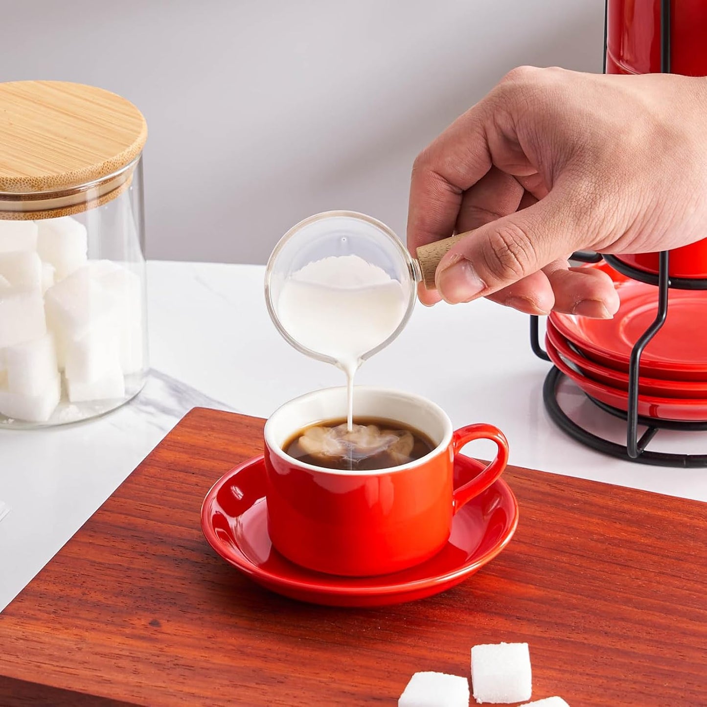 8oz Porcelain Stackable Cappuccino Cups with Saucers and Metal Stand Set of 4, Coffee Cups for Espresso, Specialty Coffee Drinks, Latte, Americano and Tea - Red