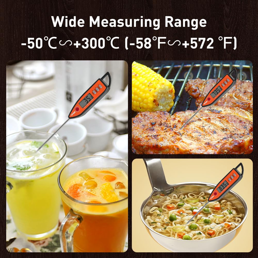 Wisebee Digital Meat Thermometer, Instant Read, ℃/℉ Switch, Long Stainless Steel Probe, Battery Powered, Food Thermometer for Cooking, Baking, Steak, Grilling and Frying (Orange)