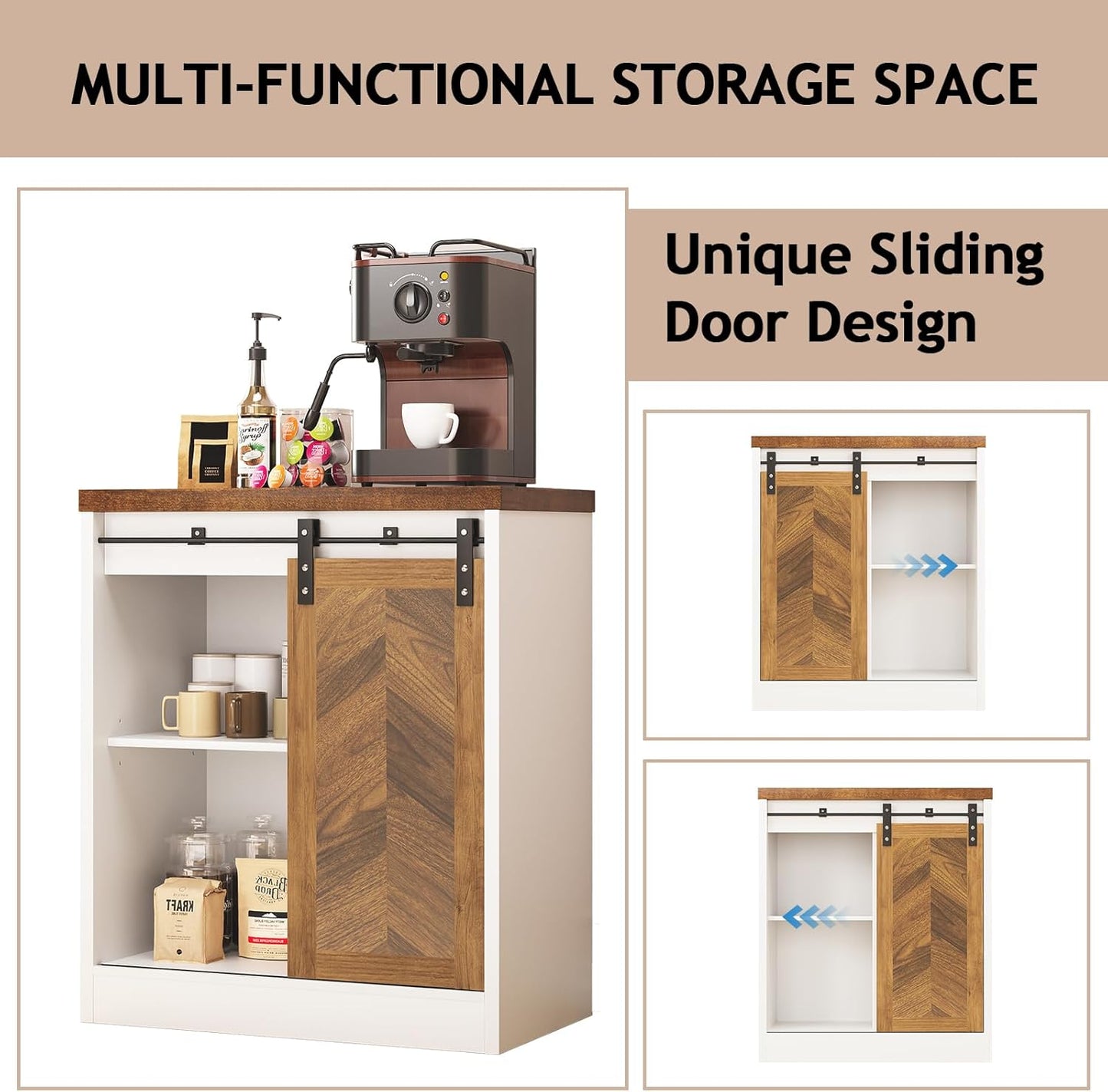 Coffee Bar Station with Sliding Barn Door, Small Coffee Bar Cabinet with Storage for Kitchen, 47 Inch