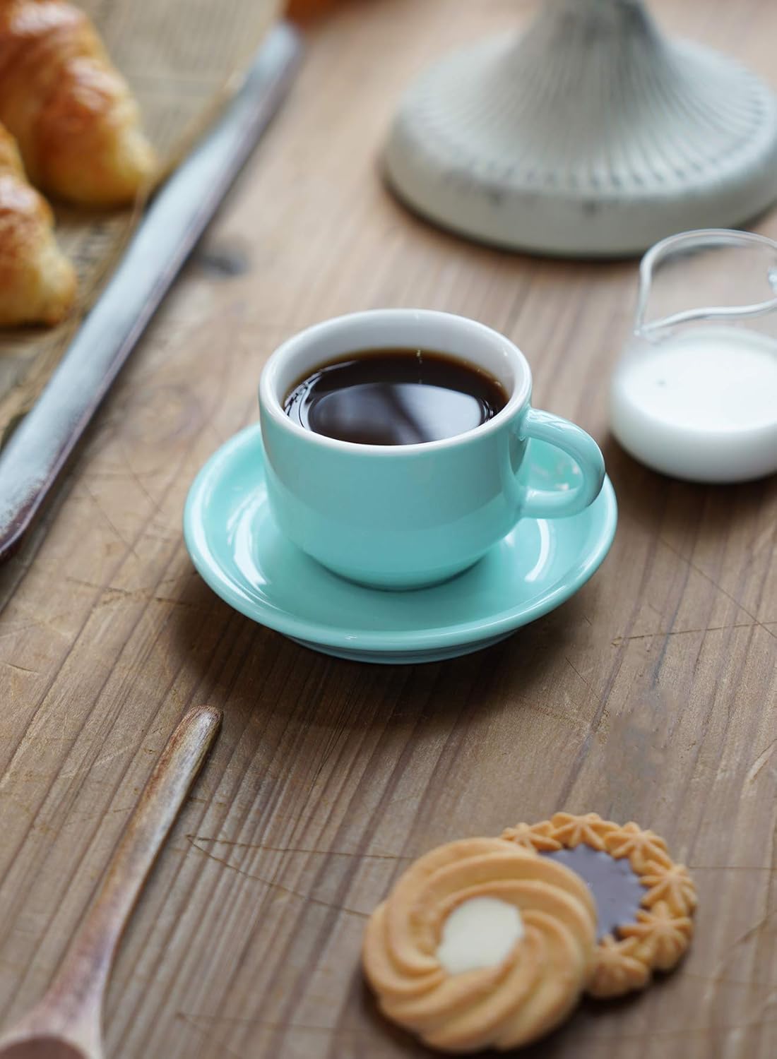 Sweese 2.5 Ounce Porcelain Stackable Espresso Cups with Saucers and Metal Stand Set of 4, Turquoise