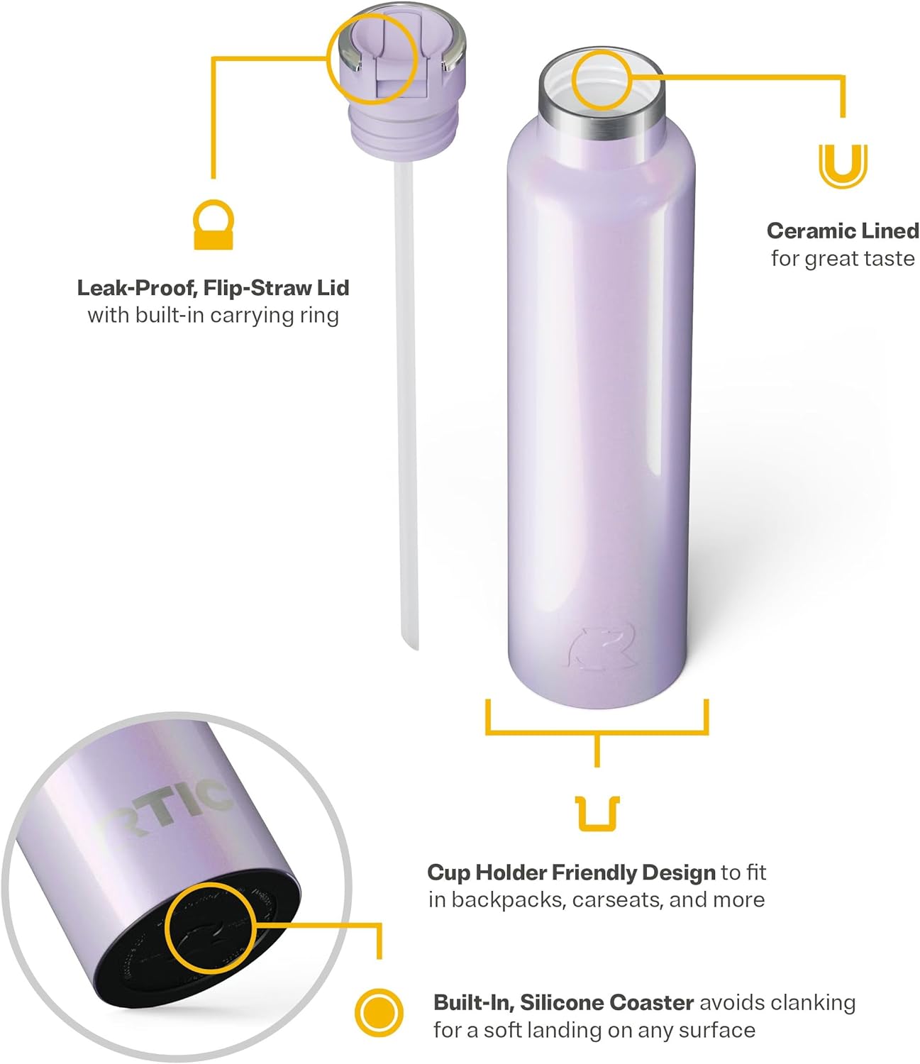 RTIC 26oz Journey Bottle Metal Stainless Steel Vacuum Insulated, BPA Free, Reusable, for Water, Hot and Cold Drinks, Travel, Sports, Camping, Lavender Glitter