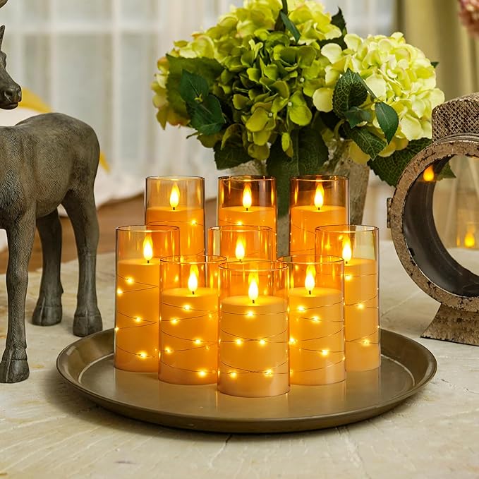 Homemory 9 Pcs Flameless Candles with Embedded Star String Fairy Lights, Battery Operated Candles, LED Candle, Fake Candles with Remote Control and Timer (Gold)