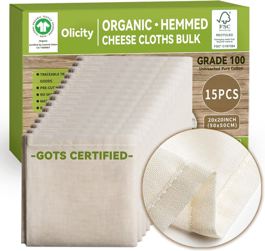 Organic Cheese Cloths, GOTS Certified, 15PCS, Grade 100, 20x20Inch Hemmed Cheese Cloth Fabric Reusable Fine Mesh Cloth, 100% Cotton Unbleached Muslin Cheesecloth for Straining, Cooking, Liquid, Tofu