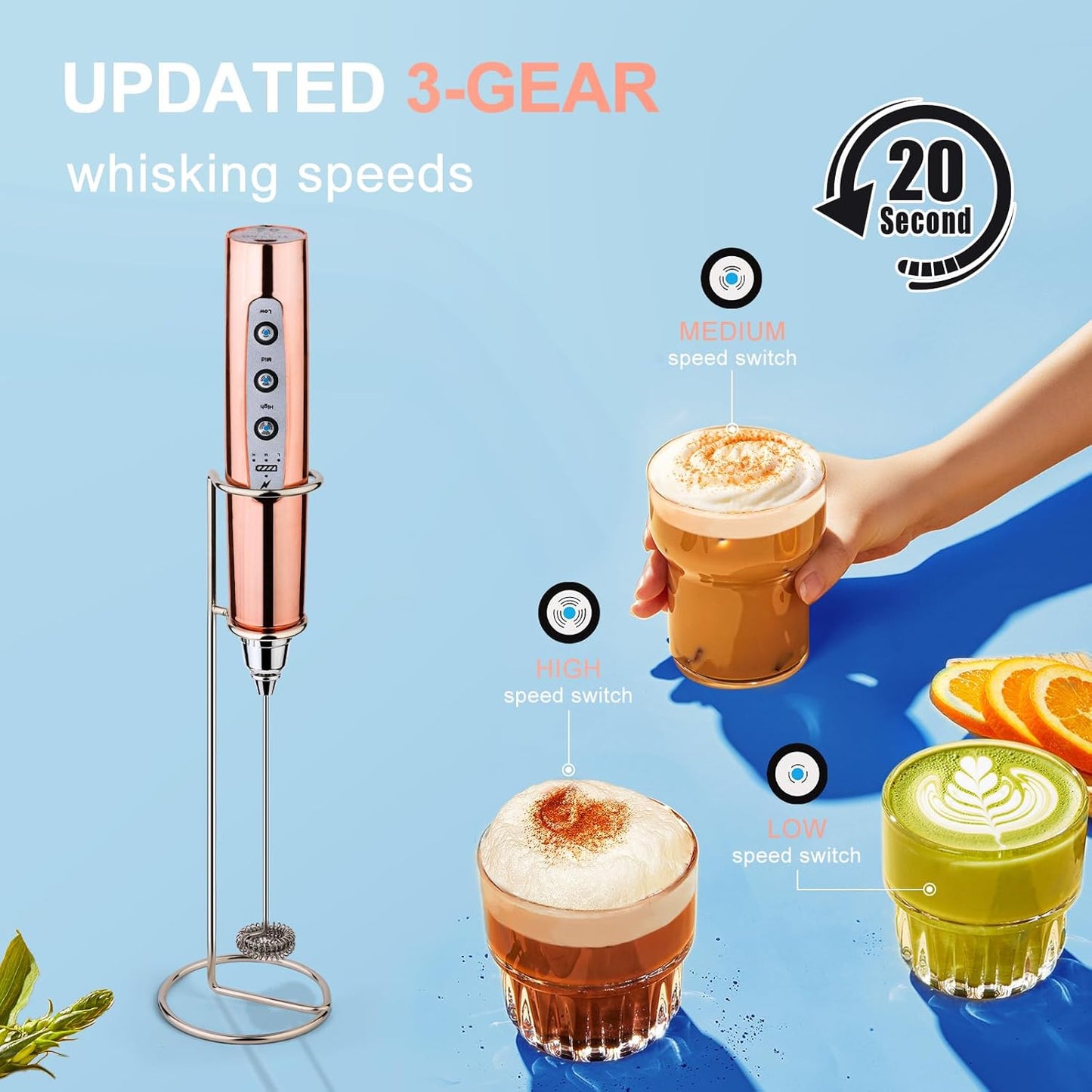 YUSWKO Rose Gold Handheld Milk Frother Wand with Stand for Coffee, Rechargeable Electric Whisk with 3 Heads 3 Speeds Drink Mixer Coffee Frother For Latte, Cappuccino, Hot Chocolate, Egg