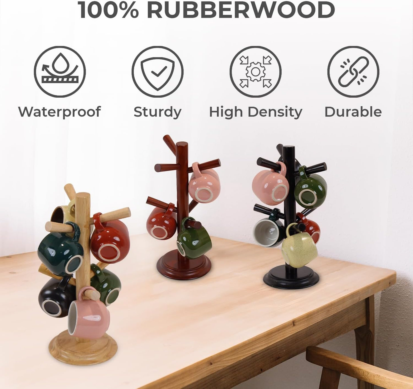 Pack 2 Mug Tree 6 Hooks Rubberwood 13.5"x7"x7", Strudy & Thick Base, Large & Small Cup Holder Tree Wooden for Jewelry, Kitchen Tools, Pantry, Ornaments, Countertop, Table Organizer (Natural)