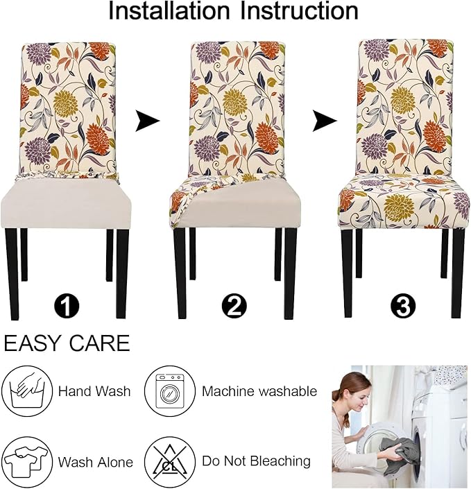 JQinHome Pattern Chair Covers for Dining Room Set of 4, High Stretch Removable Washable Parsons Chair Slipcover for Home Party Hotel Wedding Ceremony (Flower,4PCS)