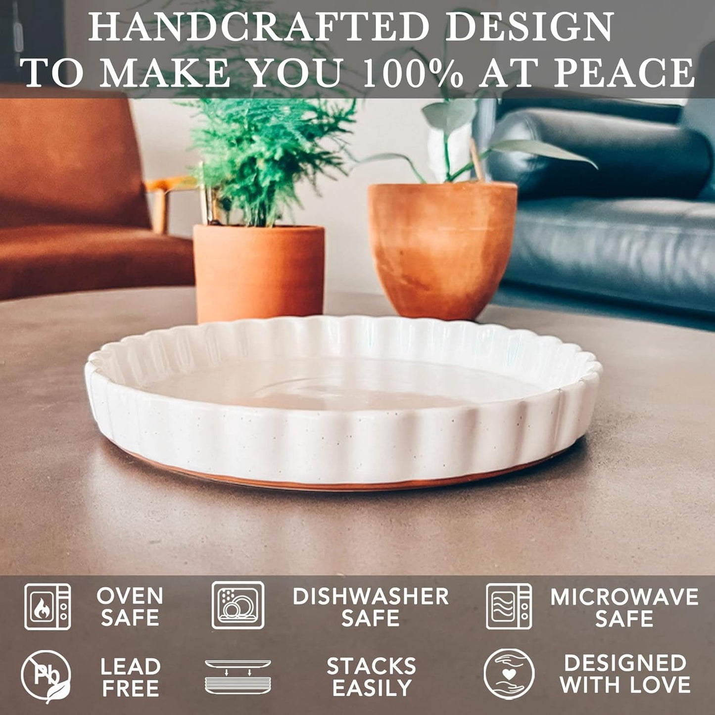 Mora Ceramic Tart Pan, 9.5 Inch Large Porcelain Baking Dish for Tarts, Quiche, Pie, Flan etc. Fluted Ruffled Edge, Oven, Microwave, Freezer, and Dishwasher safe - Great Gift For Bakers - Vanilla White