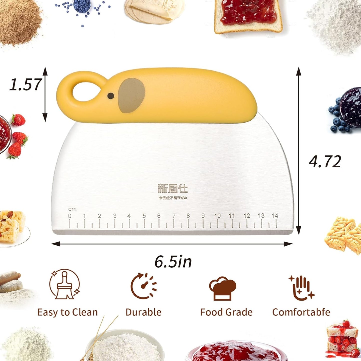 Bench Scraper for Bread, Stainless Steel Dough Cutter and Scraper Double Sided Scale Metal Food Scraper Chopper Kitchen Baking Tool for Cake Pastry, with Plastic Grip