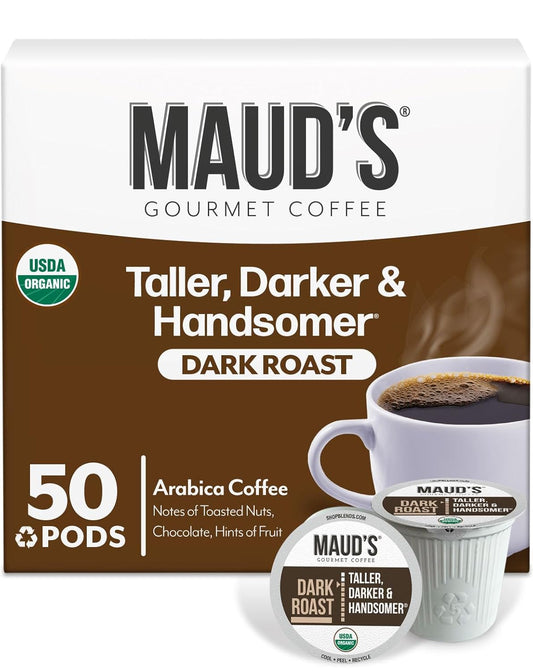 Maud's Organic Dark Roast Coffee Pods, 50 ct, Fair Trade & Single Origin Recyclable Single Serve Pods – 100% Arabica Coffee, Compatible with Keurig K Cups Maker