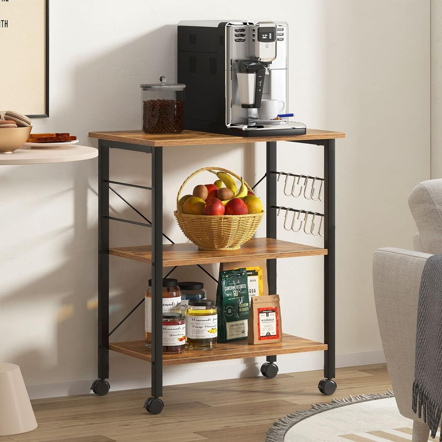 DlandHome Microwave Cart Stand 23.6 inches, 3-Tier Kitchen Baker's Rack Utility Storage Shelf Microwave Stand for Kitchen Organizer Workstation Shelf (Retro)