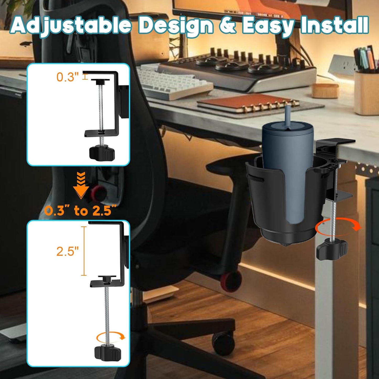 Deeper Desk Cup Holder with Large Metal Clamp, 3.8" Diameter Cup Holder, Anti-Spill Cup Holder Compatible with YETI Bottles & Pen Holder. (Large)