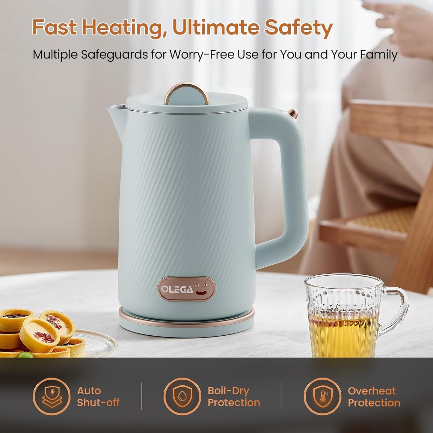 OLEGA Electric Kettle - 1500W Electric Tea Kettle 1.8L Stainless Steel Inner Electric Kettles for Boiling Water Auto Shut Off Boil-Dry Protection Electric Water Kettle for Coffee Tea Blue