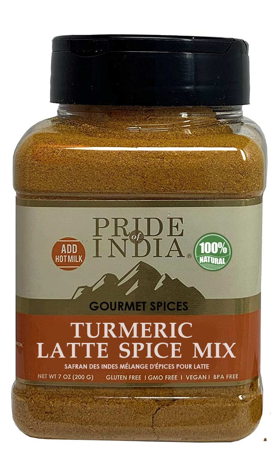 Pride of India - PACK of 6 - Turmeric Latte Spice Mix – Gourmet & Warm Tea Spice Blend – Healthy/Gluten-Free – Ideal for Lattes/Smoothies/Golden Milk – Easy to Store – 7 oz. Medium Dual Sifter Jar
