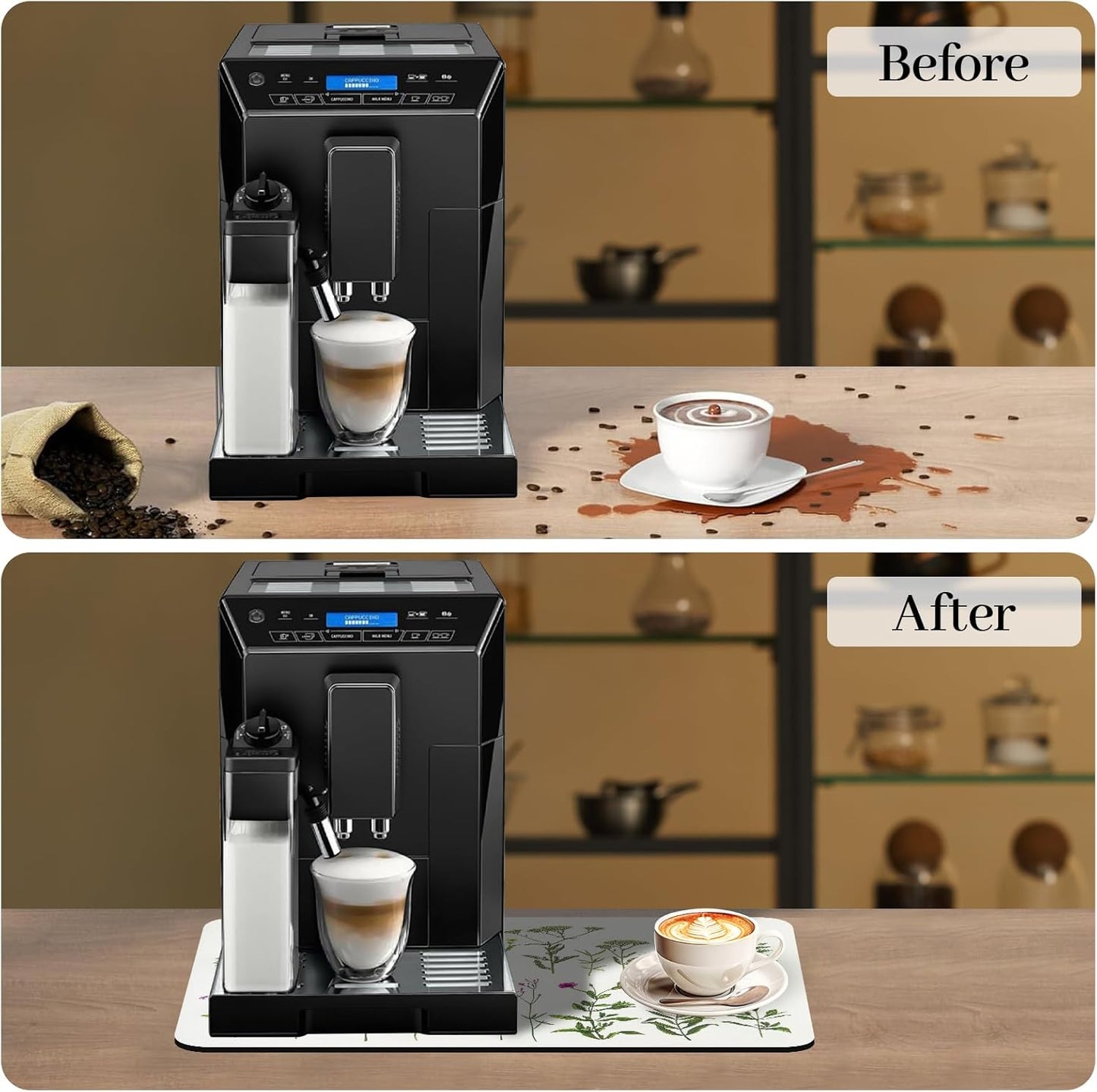 Bloss Kitchen Mat, Coffee Mat 12"x19", Coffee Bar/Maker Mat, Kitchen Counter Mats, Absorbent Hide Stain Rubber Backed Dish Drying Pad(, Flowers and Leaves)