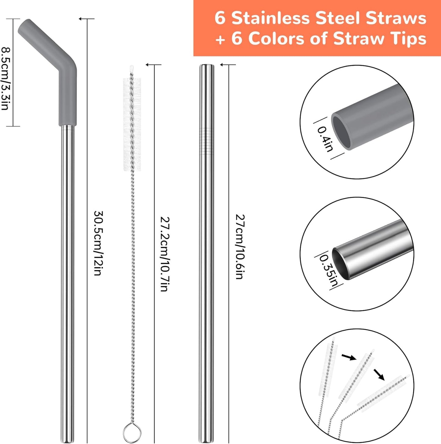 Tomorotec 6-Pack Morandi Colors Silicone Tip Stainless Steel Straws for 30oz Stanley Tumblers with 2 Cleaning Brushes, BPA-Free 10" Long Compatible with Adventure Quencher, Enhances Drink Enjoyment