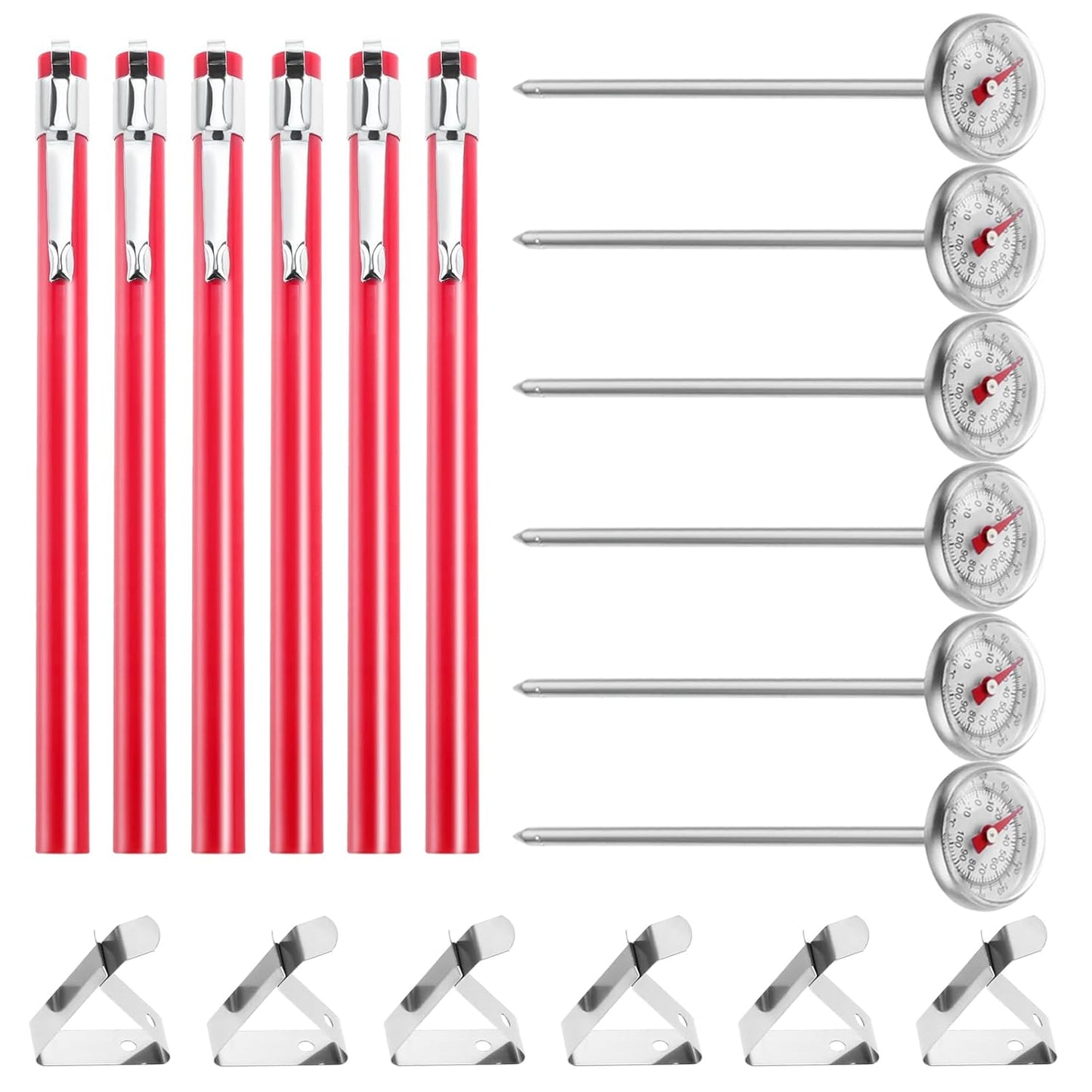 6 Pack Immediate Read Pocket Thermometer, 1 Inch Stainless Steel Dial Food Thermometer with 6 PCS Red Plastic Sleeves of Thermometers and 6 PCS Clips for Coffee Drinks Chocolate Milk Foam