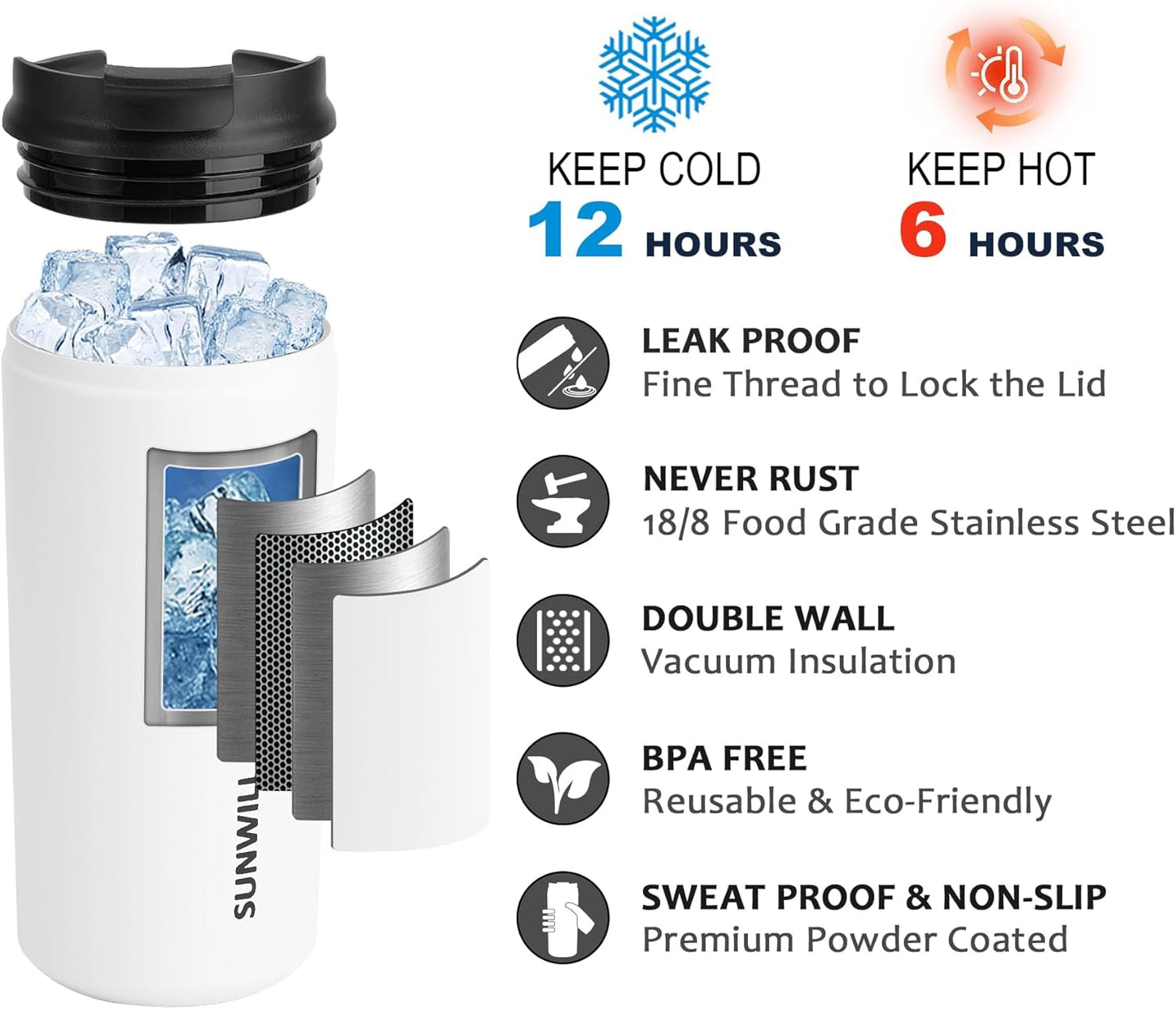 SUNWILL Insulated Coffee Mug with Lid, Leak Proof Tumbler Stainless Steel, 12 oz Travel Cup for Office, Home, Powder Coated White