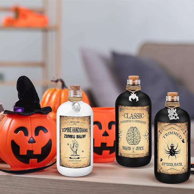 Uiifan 31 Pcs Halloween Potion Bottles Set Including Glass Apothecary Bottles with Cork Stickers and Pendants Halloween Decorations Indoor Party Supplies(White, Black,8.5 oz)