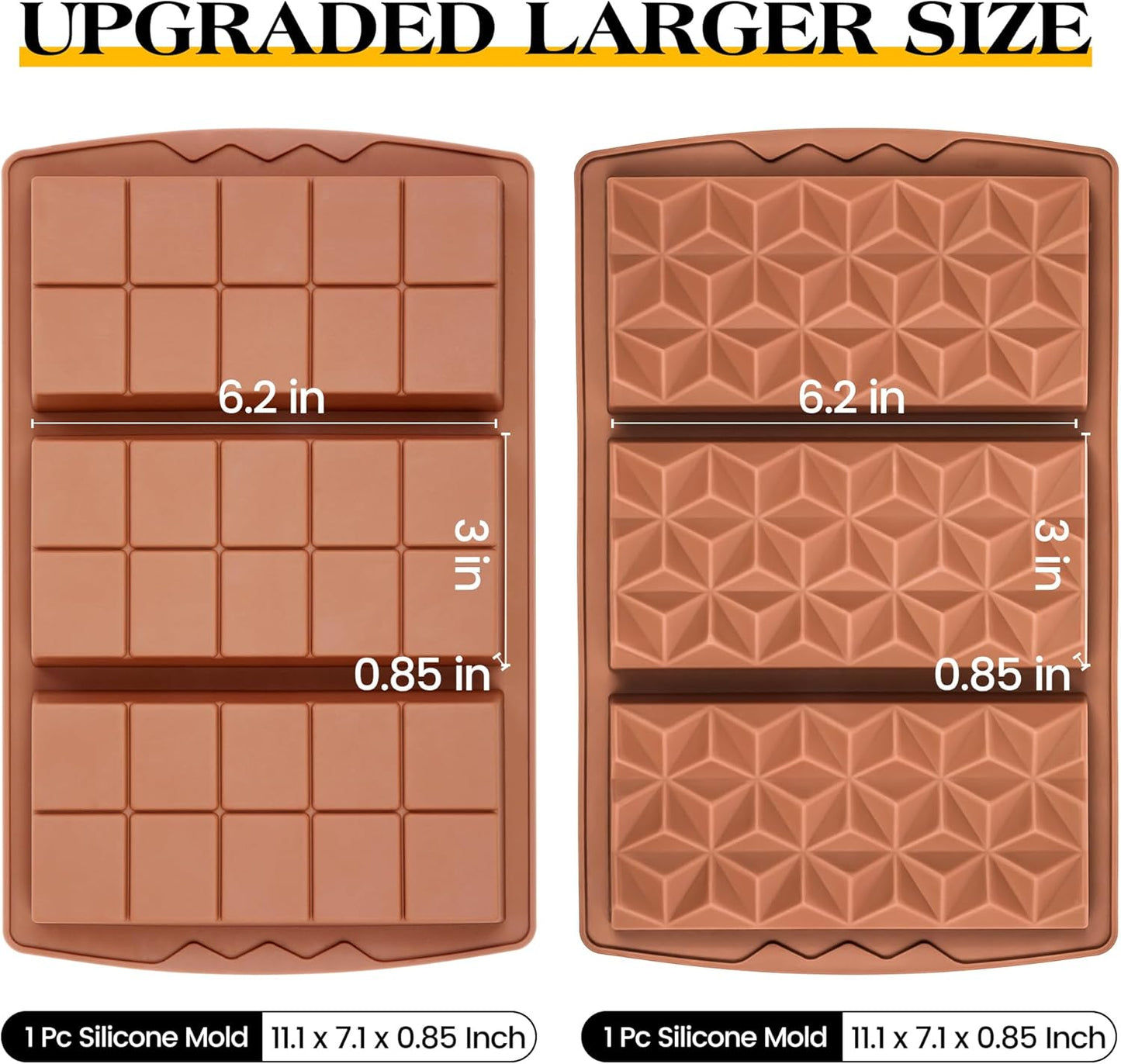 2 Pcs Chocolate Bar Mold Deep Dubai 0.85 Inch Stuffed Chocolate Molds Silicone Large Break Apart Silicone Molds (10 Snap + Pyramid）