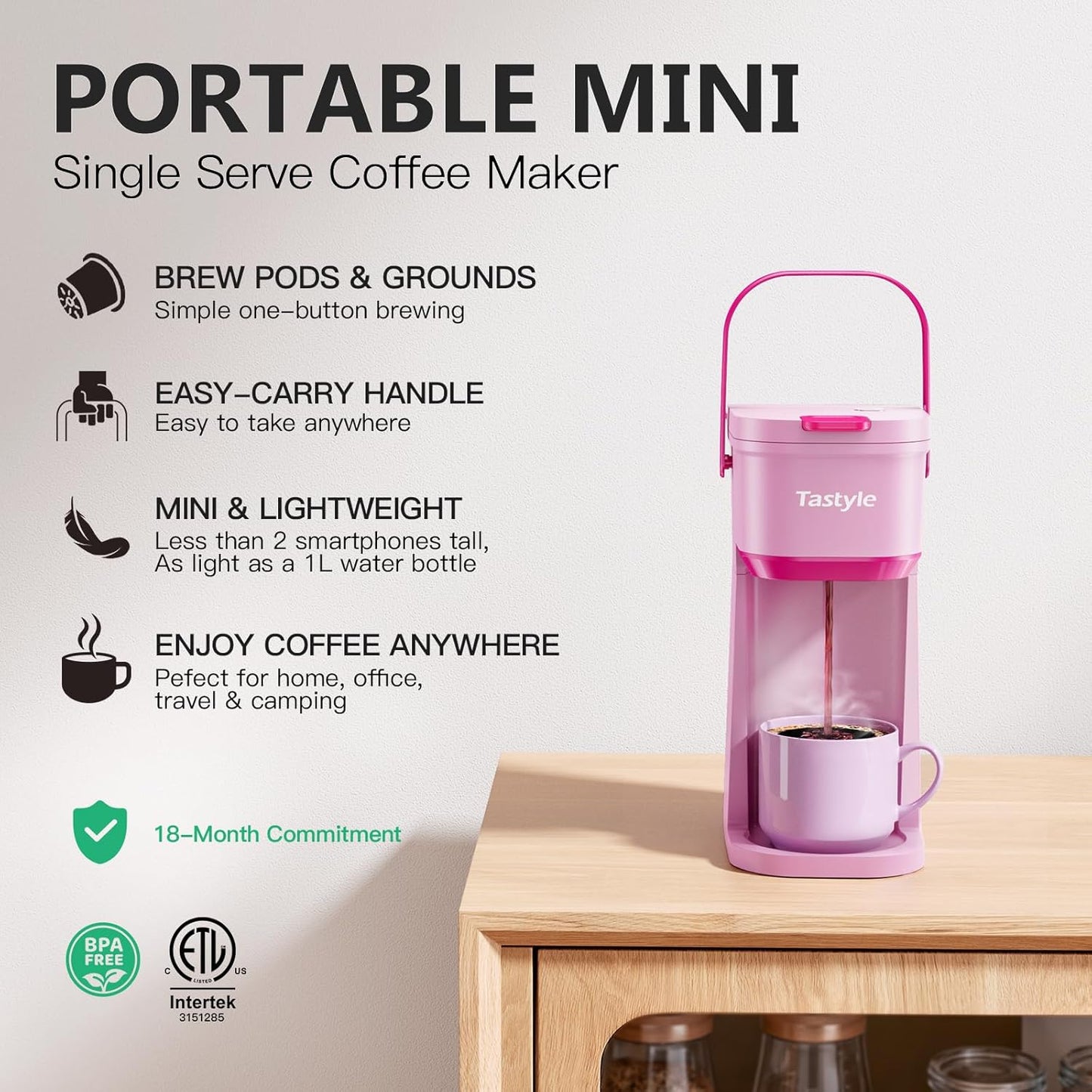 Single Serve One Cup Coffee Maker, for K Cups and Grounds, Mini Coffee Maker with Portable Handle, 6 to 12 Oz Brew Size, for Travel, Camping, Office, RV and Dorm, 120V, Dusty Rosa