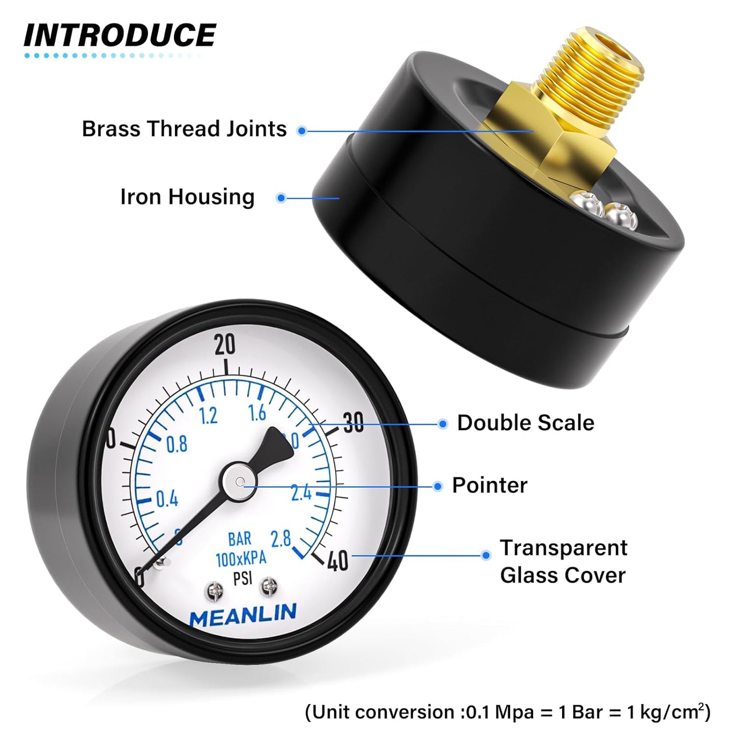 MEANLIN MEASURE 0-40Psi 2" DIAL FACE 1/4" NPT Well Pump Pressure Gauge, with 1/2" NPT and 3/8" NPT Hex Bushing, 3-2-3% Accuracy, Center Back Mount
